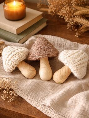 Wooden Knit Mushroom Decor Set of 3 Neutral Cottagecore Nursery